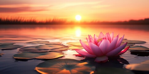 Serene Sunset over Water with Lotus Flower, Tranquil Nature Scene, Peaceful Reflection

