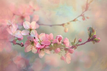 Naklejka premium A branch featuring delicate pink blossoms in soft pastel hues, Soft pastel hues of spring blossoms