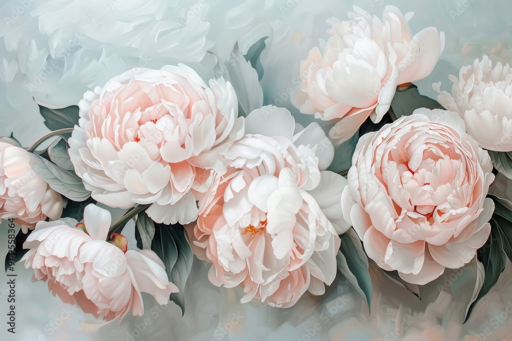 Poster Soft pastel peonies in shades of blush and cream painted on a blue background, Soft pastel peonies in shades of blush and cream