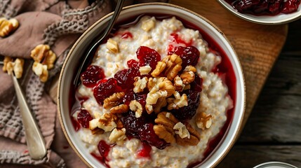 A dish of standard oatmeal with walnuts and cranberry sauce on top