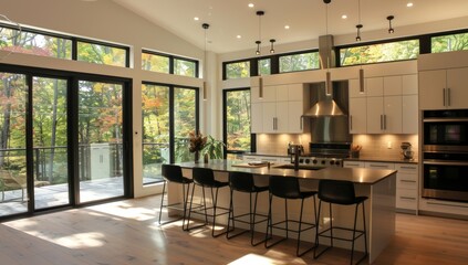Fototapeta premium Modern Kitchen with Island and Bar Stools Overlooking a Forest