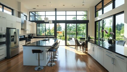 Fototapeta premium Modern Kitchen with Large Windows and a View of a Backyard