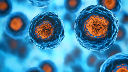 D Rendered Microscopic View of Cells with Orange Nucleus