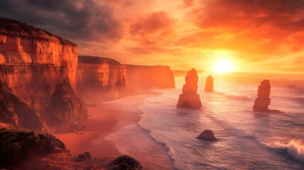 Twelve Apostles: The dramatic limestone stacks of the Twelve Apostles along the Great Ocean Road, with waves crashing below.
