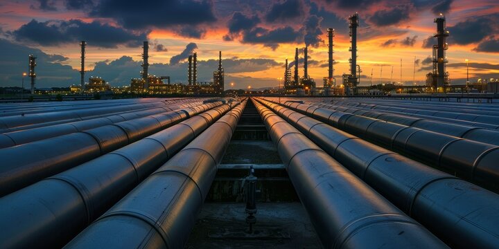 Industrial Pipelines at Sunset Against a Refinery Background