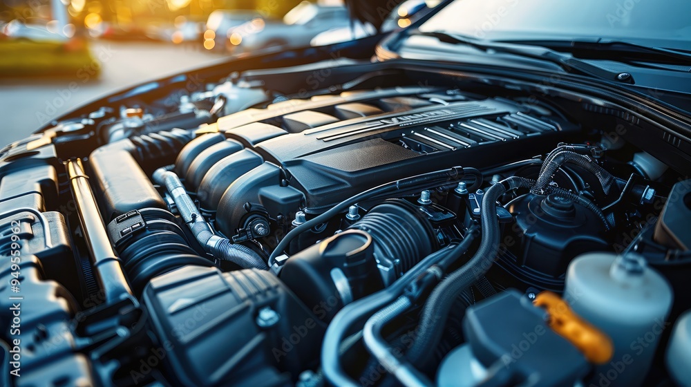 Poster engine of a modern car with opened hood. generative ai.