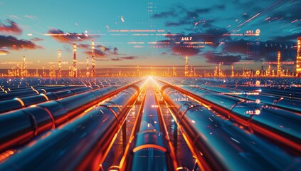 Industrial Pipeline Network at Sunset with Digital Overlays