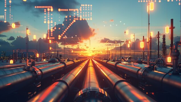 Industrial Pipeline Network at Sunset with Digital Overlay