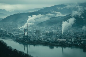 Fototapeta premium Foggy Industrial Cityscape with River and Mountains