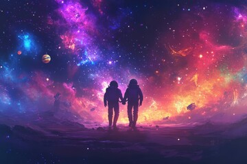 Couple Silhouette in Space with Colorful Galaxy Background, Cosmic Love and Adventure Concept
