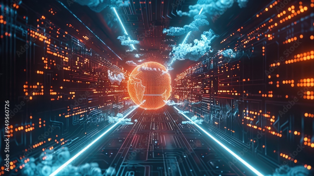 Aufkleber Futuristic scene with a digital transformation concept, showcasing cloud computing, AI, and encryption technologies, emphasizing the future of system engineering. Generative AI.