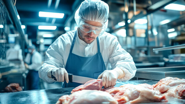 A diligent worker, clad in protective gear, expertly slices chicken carcasses using an electric fillet knife in a bustling meat processing plant environment