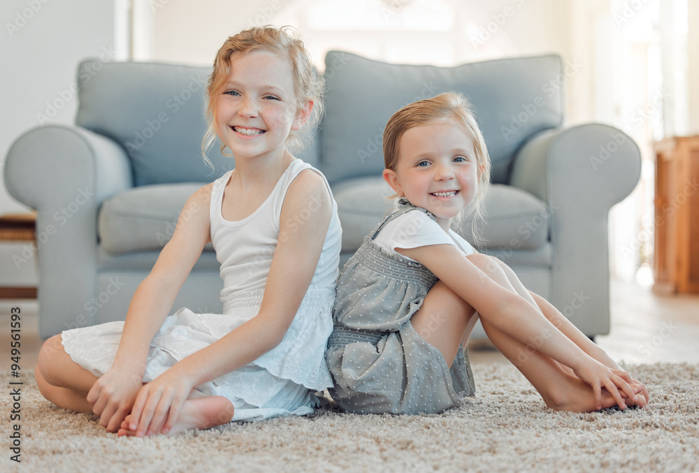 Sticker Family, love and portrait of sister children on floor in living room of home for bonding together. Kids, cafe and relax with smile of sibling girls on carpet in apartment for safety or security