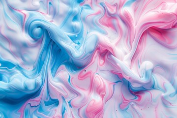 Fototapeta premium Swirls of blue, pink, and white blend in a close-up view, Soft swirls of pink and blue ink blending together in a mesmerizing pattern