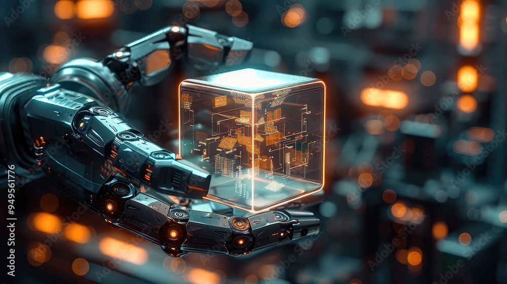 Poster A robotic arm holds an intricate cube made of glass and circuitry, with digital lines glowing inside it, set against the backdrop of advanced technology in a futuristic. Generative AI.