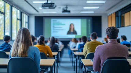 Fototapeta premium Hybrid classroom setup with both inperson and remote students, connected learning, education, blended curriculum