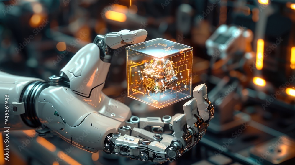 Poster A robotic arm holds an intricate cube made of glass and circuitry, with digital lines glowing inside it, set against the backdrop of advanced technology in a futuristic. Generative AI.