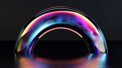A Shiny, Iridescent, Curved Arch Reflecting on a Black Surface