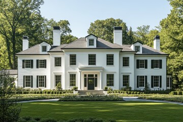 Fototapeta premium A large, elegant white mansion surrounded by lush greenery and a well-maintained garden.