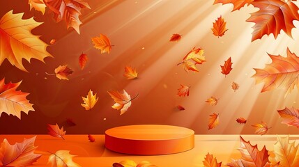 Autumn backdrop featuring a fall-themed studio podium with shadowed leaves on an orange stand. Ideal for Thanksgiving promotions, this vector template platform serves as a banner for product sales and
