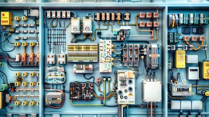 A vibrant control panel showcases the complexity of industrial machinery with colorful wires and circuit boards against a light blue backdrop