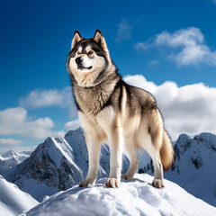 Alaskan Malamute Standing on a snow-covered peak