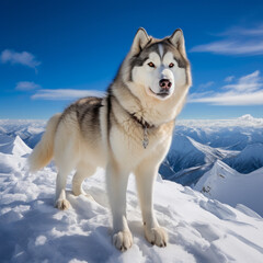 Alaskan Malamute Standing on a snow-covered peak