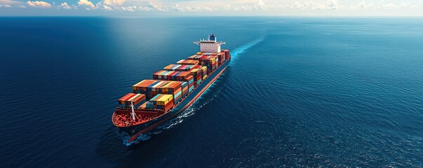 A majestic cargo ship navigating through serene ocean waters under a clear blue sky, symbolizing global trade and transport.
