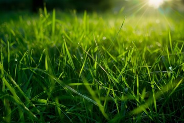 Obraz premium A close-up view of vibrant green grass blades in a grass field under the sunlight, Soft, velvety grass under the sunlight