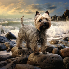Cairn Terrier Exploring a rocky beach