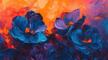 Vibrant Blue and Orange Flowers, Bold and Colorful Floral Art with Dynamic Brushstrokes

