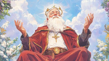 Fototapeta premium A majestic wise king with a white beard and crown, symbolizing authority and wisdom amidst a serene sky and blooming nature.