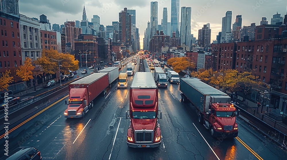 Poster a convoy of trucks transporting shipping containers through busy new york city street, with containe