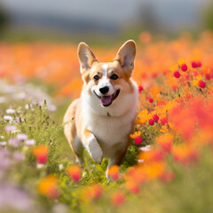 Corgi Trotting through a flower-filled meadow