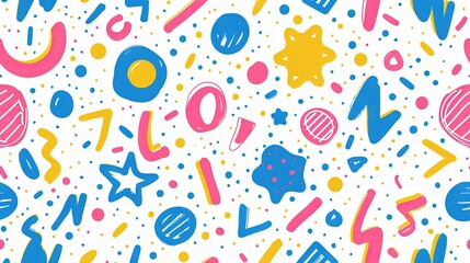 Obraz premium Playful and vibrant line doodle pattern with a seamless design. Ideal for children’s art or trendy minimalist backgrounds featuring basic shapes. Simple, whimsical scribble pattern.