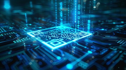 Futuristic blue QR code scanning with a glowing neon effect, vector illustration. Modern design featuring a fast recognition verification system.