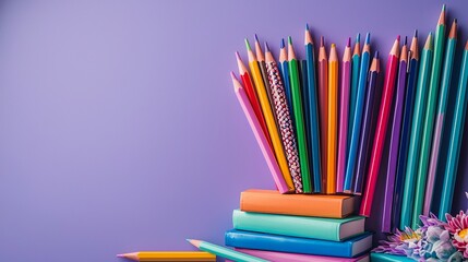 Colorful pencils arranged on stacked books against purple background