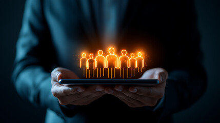 HR holding tablet with orange holographic digital candidate review on AI recruiting system