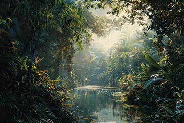 Fototapeta premium A painting depicting a river surrounded by trees in a lush landscape, Sounds of wildlife echoing through the jungle