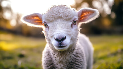 Obraz premium Curious lamb with wide, sparkling eyes captivated by the camera in a tranquil, sunlit pasture
