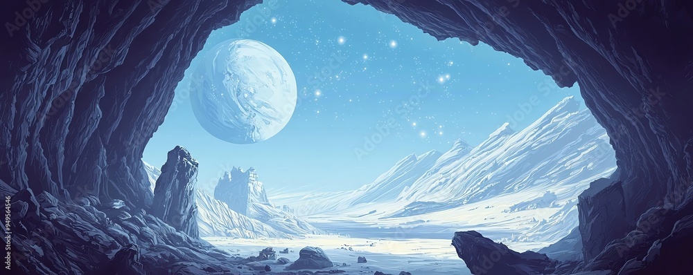 Wall mural A serene cave scene with a distant planet, showcasing an ethereal winter landscape and starry sky.