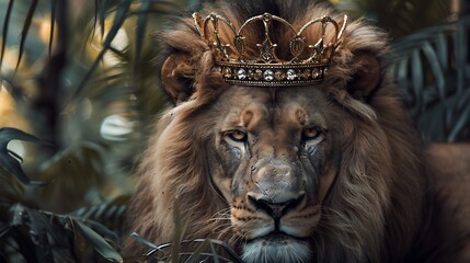 Fototapeta premium A crown and jeweled wear lion in the jungle close up