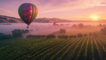 Obraz premium Hot Air Balloon Soaring Over Foggy Vineyard at Sunset