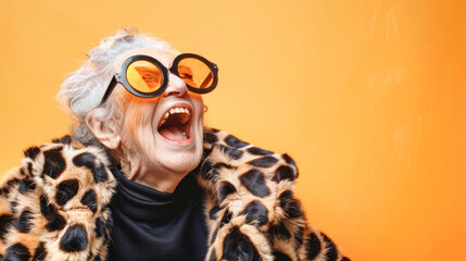 An elderly woman exuberantly celebrates Halloween, dressed as a cat with vibrant orange sunglasses and a playful animal print coat, radiating joy and energy - Powered by Adobe