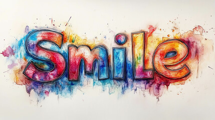 The word "Smile" is written in bold blue letters surrounded by vibrant red and blue watercolor splashes on a white background.
