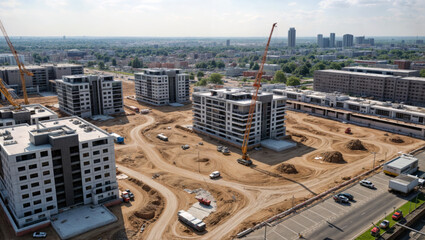 Aerial view of urban development, multiple apartment buildings under construction with cranes, dirt roads, and city skyline in background