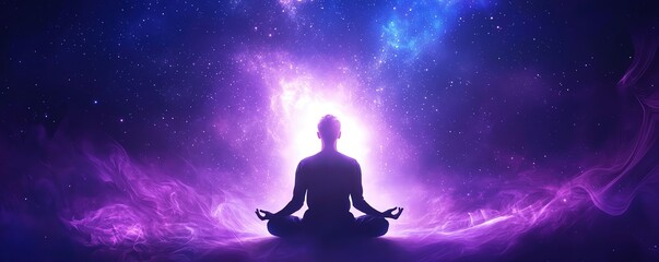 A serene figure meditating in a cosmic realm filled with vibrant colors, promoting peace and spiritual connection.