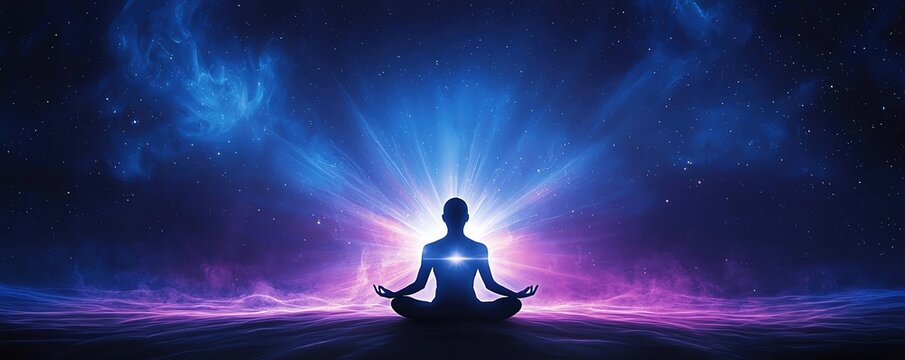 A serene figure meditating, surrounded by vibrant cosmic lights, representing peace, energy, and spiritual awakening.