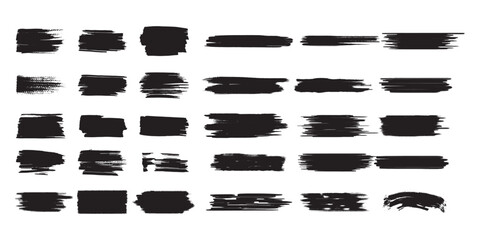 Set of vector paint brush stroke, ink splatter, grunge line and artistic design elements. Dirty overlay, watercolor splash, black silhouette and torn paper set. Social media business banner art