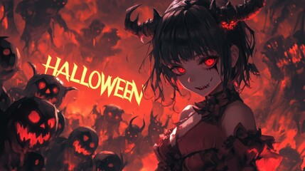 female demon in hell on halloween. inscription "HALLOWEEN"